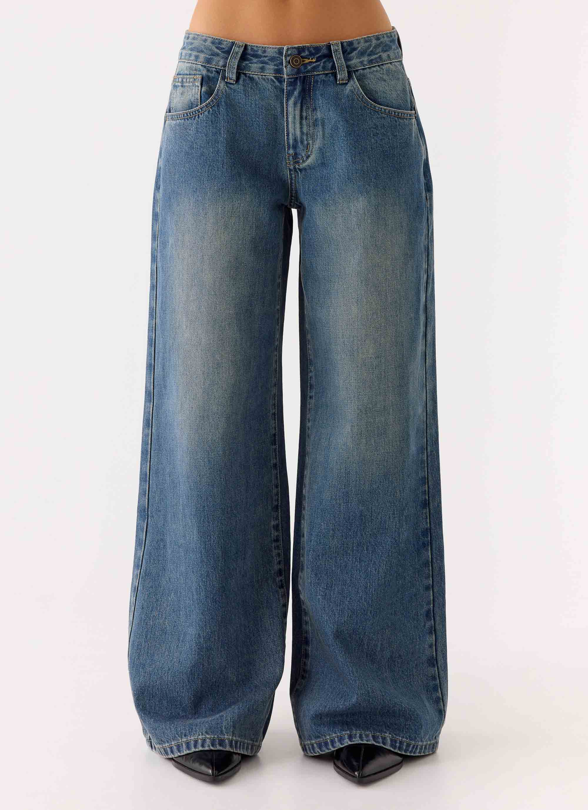 Neo Low Rise Wide Leg Denim Jeans - Vintage Blue Bleach Wash