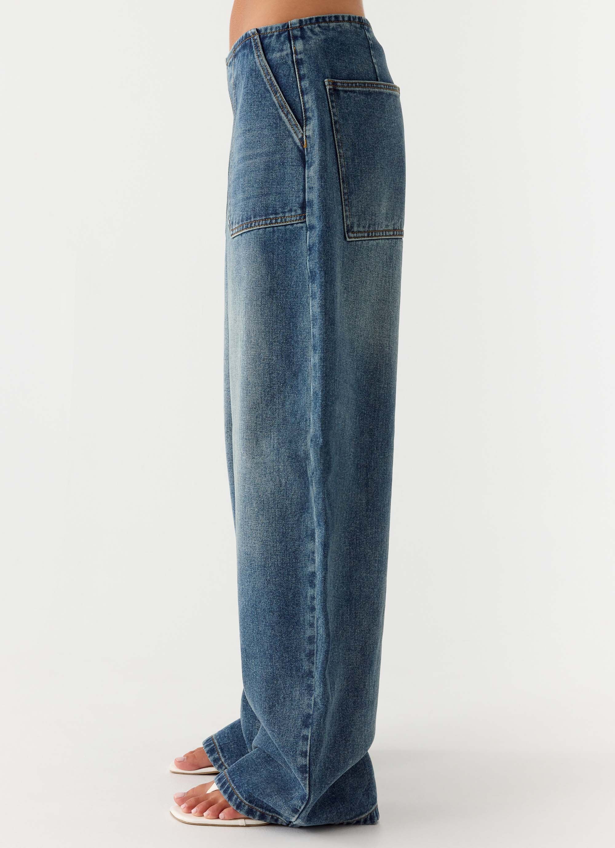 Seethal Low Rise Washed Denim Jeans - Mid Wash Blue
